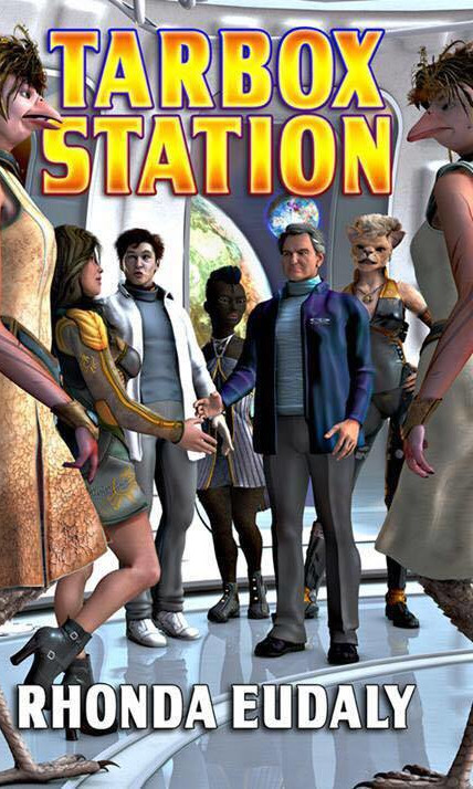 Tarbox Station by Rhonda Eudaly, a few humans stand among a variety of humanoid aliens in a space station. Alien planets are visible outside the window behind them.