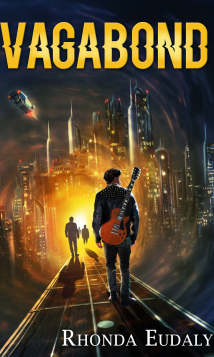 Vagabond by Rhoda Eudaly. Multiple people are walking on a large guitar fret board towards a swirling light in front of a futuristic city at night. The key figure in front is an adult male with dark hair wearing a studded leather jacket and has a guitar across his back as he looks to his right.